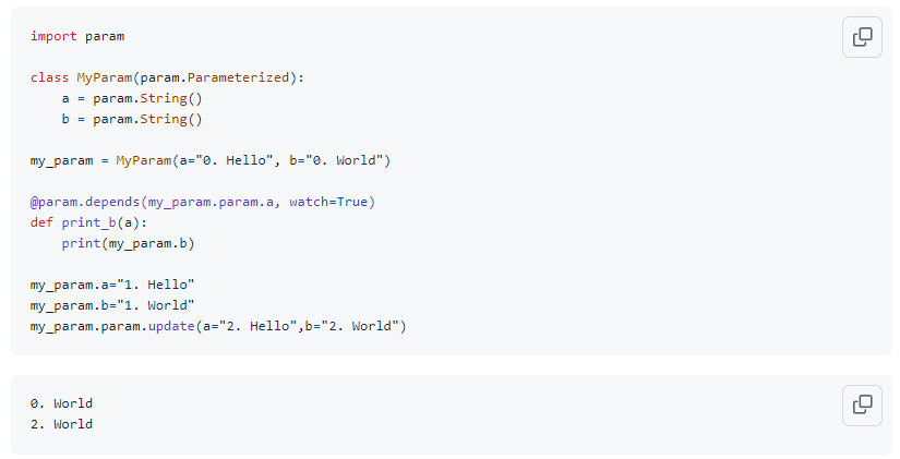 Tip of the day: Update Multiple Parameters

You can update multiple parameters with `.param.update`. 

Events will not be triggered before all parameters have been updated.