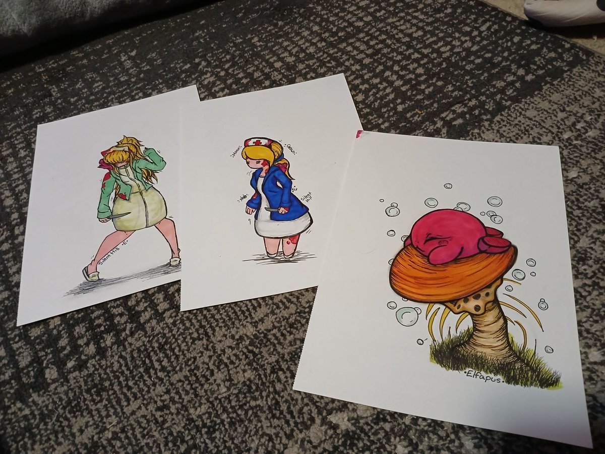 Hello loves, here I have:
Traditional Art- Done with markers. 
Scanned in 11/22/24
Both versions of silent hill nurses fan art, first game.
Kirby sleeping on a mushroom, fan art. 
Thank you!! 

#art #artist #traditional #kirby #videogame #Playstation #silenthillnurse #fanart