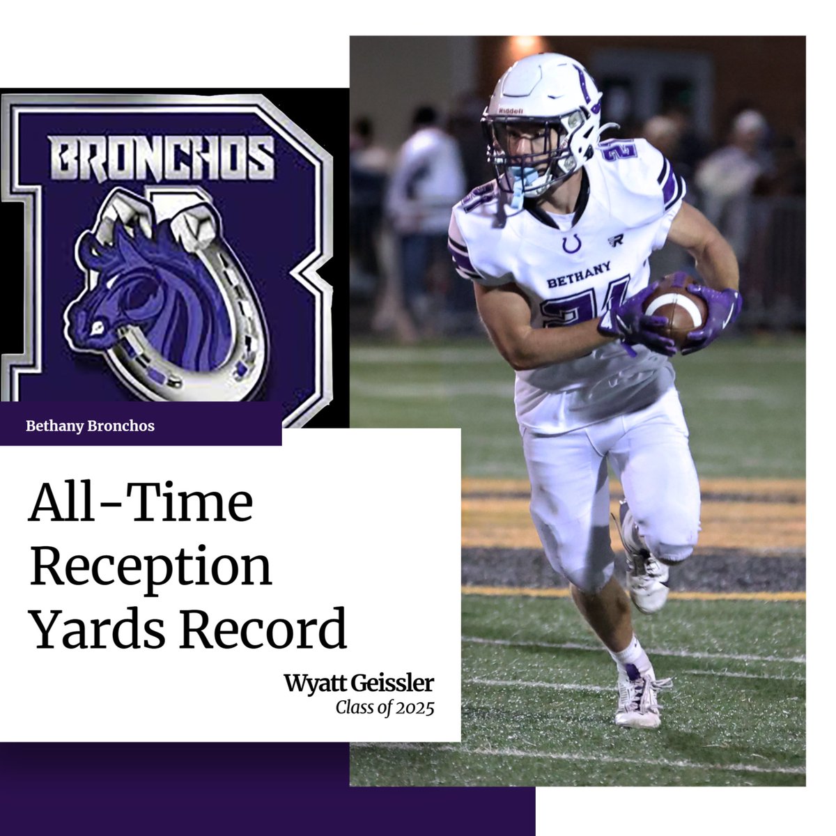 Special congratulations to Wyatt Geissler on becoming the  Broncho Career Stat Leader and setting a new school record for all-time reception yards, a record held since 2019 by Ben Lawson.  Great job, Wyatt, and all team members who played a part in making this happen!