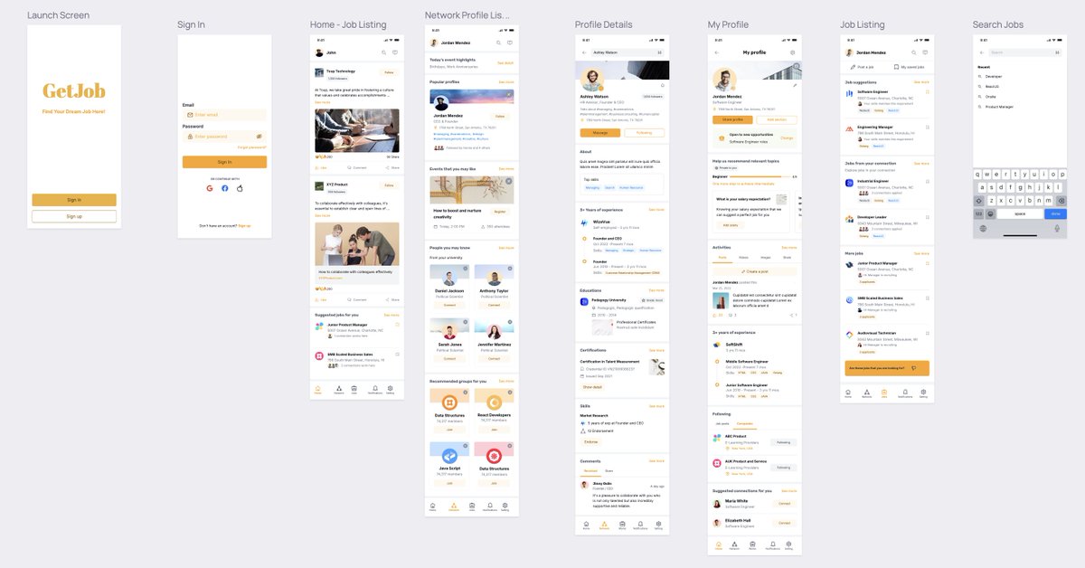 msbuddhu's tweet image. 🚀 Just wrapped up a new #uidesign  project for #GetJob, a mobile app focused on job hunting and professional networking. This was built as part of a project at @SanganakOrg , my startup! Here&apos;s the journey and features! 🧵👇