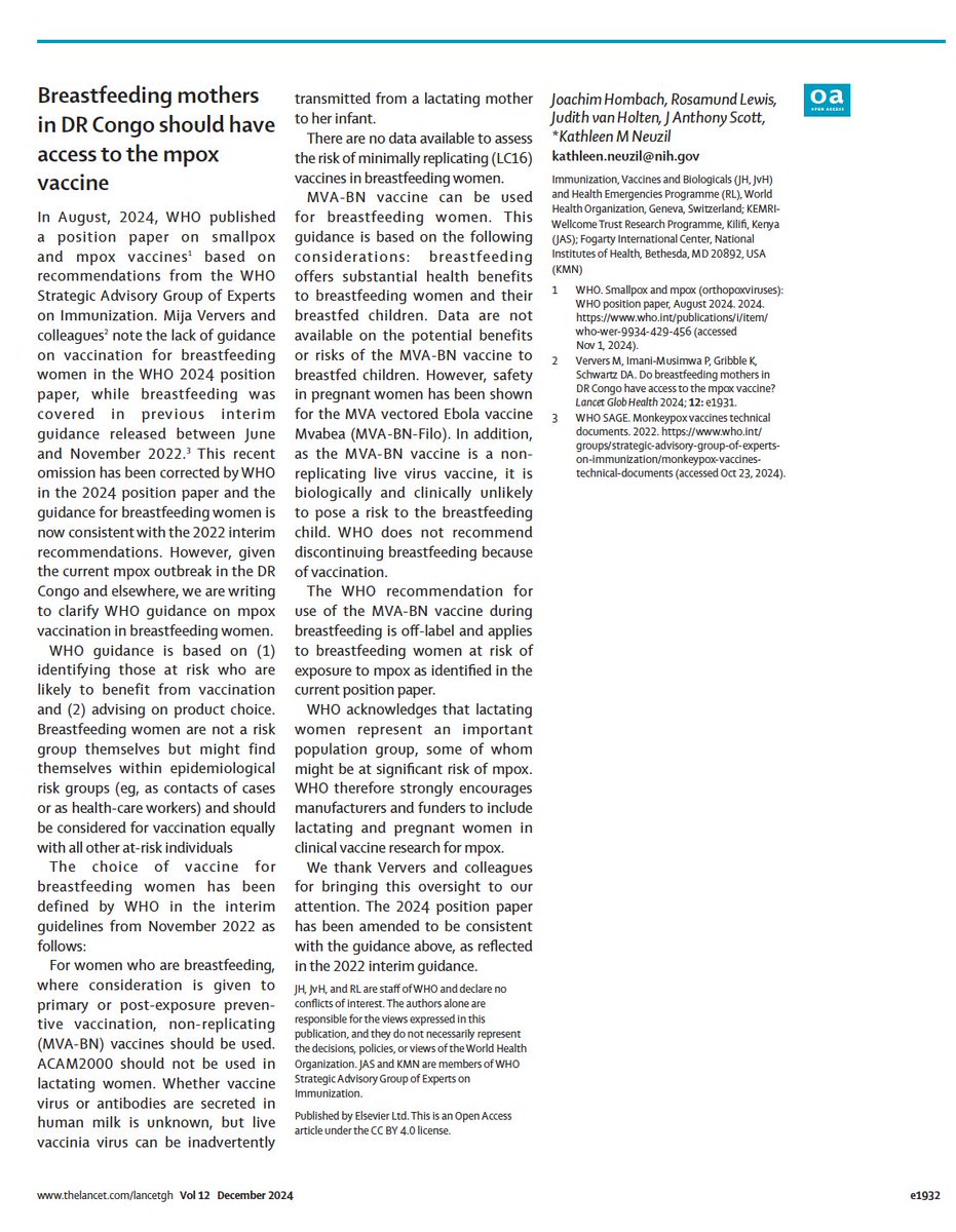 Karleen Gribble (@drkarleeng) on Twitter photo A month ago, I and colleagues published a letter in <a href="/LancetGH/">The Lancet Global Health</a> asking if breastfeeding women in DRC could have the mpox vaccine. They had been overlooked in <a href="/WHO/">World Health Organization (WHO)</a> guidance. WHO has responded and the answer is, yes they can! Grateful for this clarification. thelancet.com/journals/langl… A month ago, I and colleagues published a letter in <a href="/LancetGH/">The Lancet Global Health</a> asking if breastfeeding women in DRC could have the mpox vaccine. They had been overlooked in <a href="/WHO/">World Health Organization (WHO)</a> guidance. WHO has responded and the answer is, yes they can! Grateful for this clarification. thelancet.com/journals/langl…