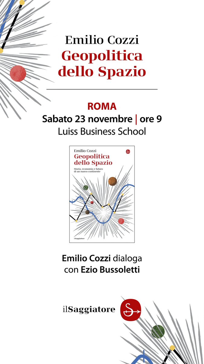 Ci vediamo alle 9 nell’edificio principale della <a href="/LuissBusiness/">Luiss Business School</a>, in via Nomentana 216 (aula G103).

E - mio enorme piacere - con il prof <a href="/EzioBussoletti/">Ezio Bussoletti</a>, per parlare di #GeopoliticaDelloSpazio 

👇👇👇 (<a href="/ilSaggiatoreEd/">ilSaggiatore</a>)

ilsaggiatore.com/libro/geopolit…