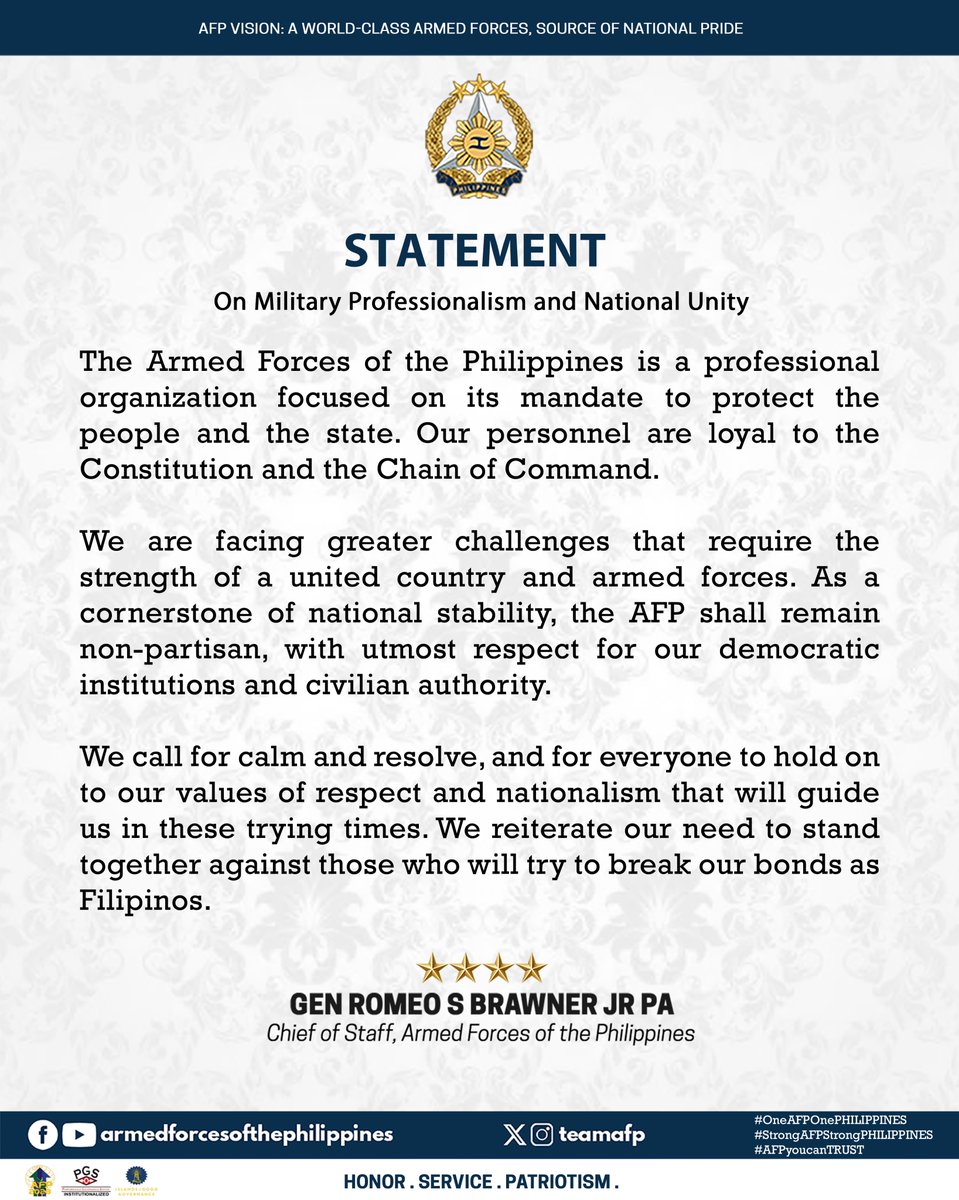 TeamAFP's tweet photo. READ | Statement of General Romeo S Brawner Jr, Chief of Staff of the Armed Forces of the Philippines, on military professionalism and national unity. 

#AFPyoucanTRUST
#OneAFPOnePhilippines
#StrongAFPStrongPhilippines
#OurSeasOurRightsOurFuture https://t.co/BMKWNHD4k5