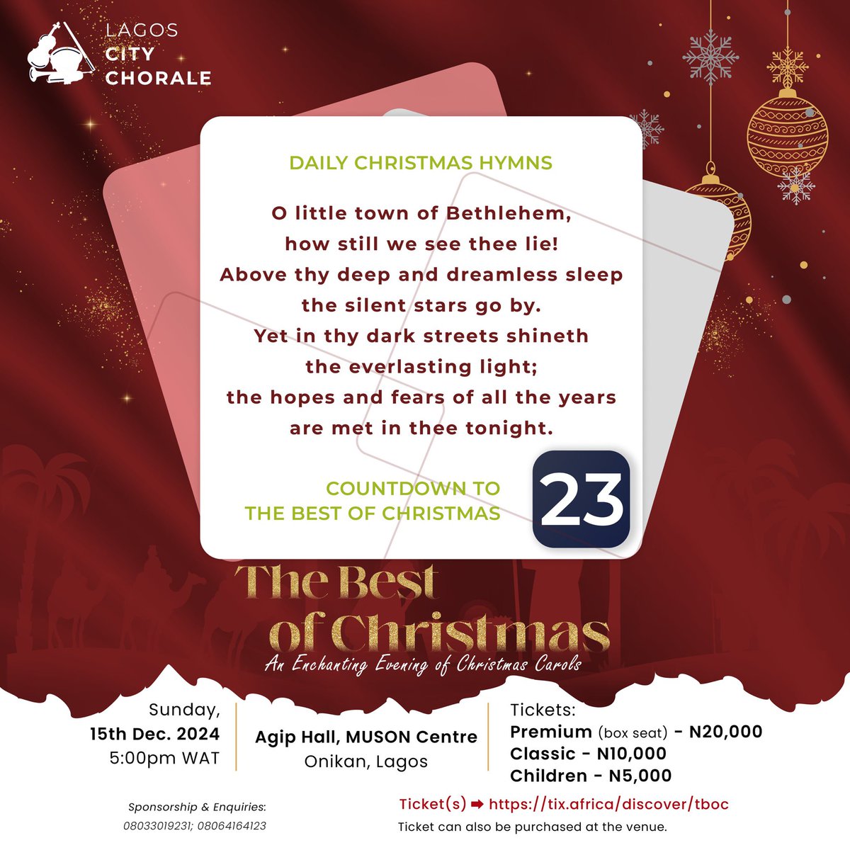 Did you know? “O Little Town of Bethlehem” was written by Phillips Brooks in 1868 after visiting Bethlehem. He was inspired by the town’s peaceful atmosphere and the significance of Jesus’ birth.

#LagosCityChorale #ChristmasConcert #OLittleTownOfBethlehem #HolidayCheer