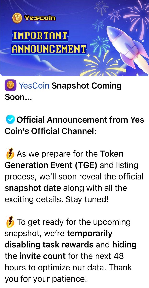 Link khai thác: t.me/theYescoin_bot…
Yescoin như này anh em chê nữa thì chịu 🤭🤭🤭. Kèo chuẩn bị Snapshot và TGE anh em ai chưa khai thác thì tranh thủ nhấn link khai thác ngay nhé. Nhớ kết nối ví Telegram để nhận thưởng nha 🎁🎁🎁
#YESCOIN #Airdrop