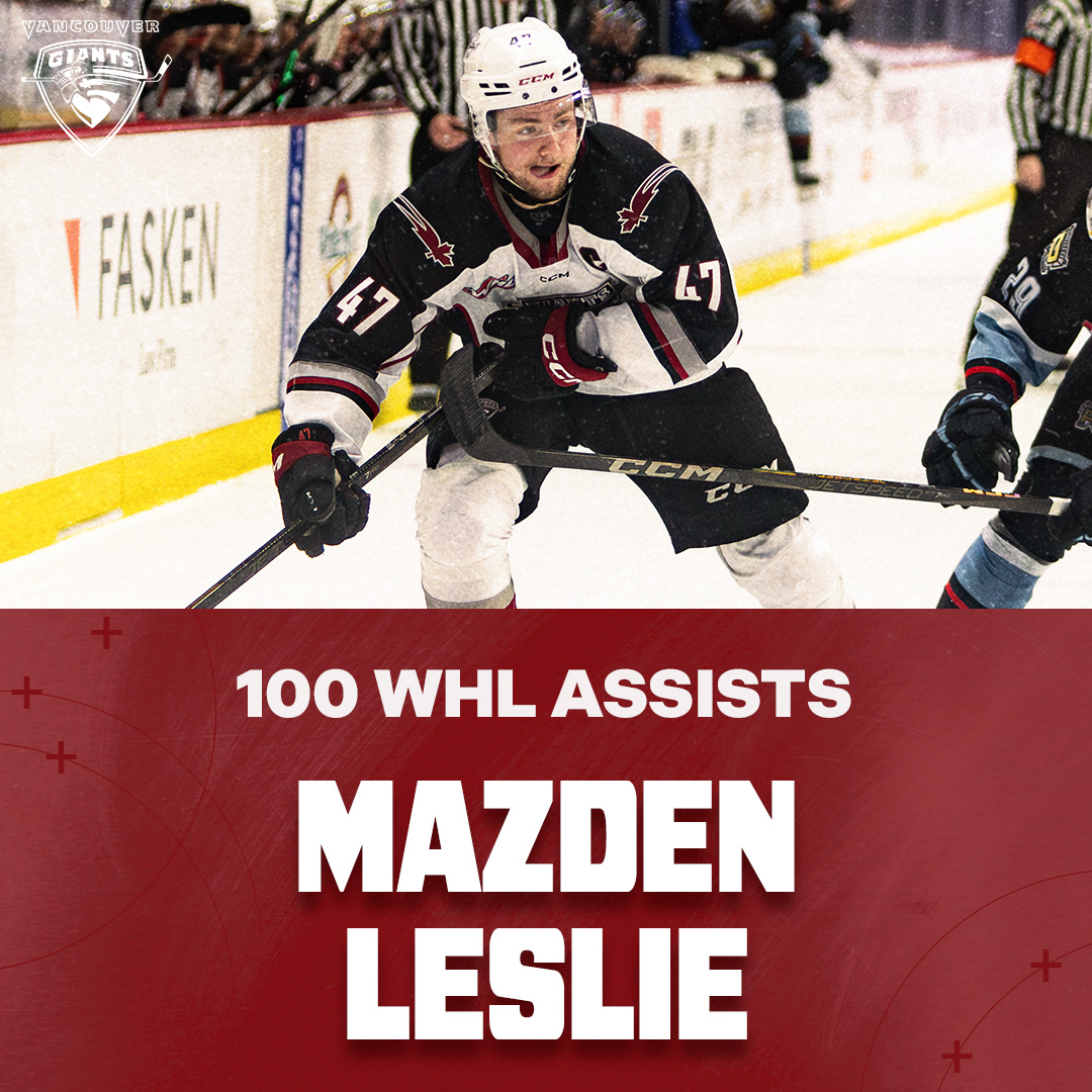 X - Vancouver Giants (@whlgiants) on Twitter photo Congratulations to Giants captain Mazden Leslie on reaching an impressive milestone tonight, as he recorded his 100th career assist in <a href="/TheWHL/">Western Hockey League</a>!
Leslie sits 4th all-time in points by a Giants defenceman with 142, now just 8 back of Bo Byram. Congratulations to Giants captain Mazden Leslie on reaching an impressive milestone tonight, as he recorded his 100th career assist in <a href="/TheWHL/">Western Hockey League</a>!
Leslie sits 4th all-time in points by a Giants defenceman with 142, now just 8 back of Bo Byram.