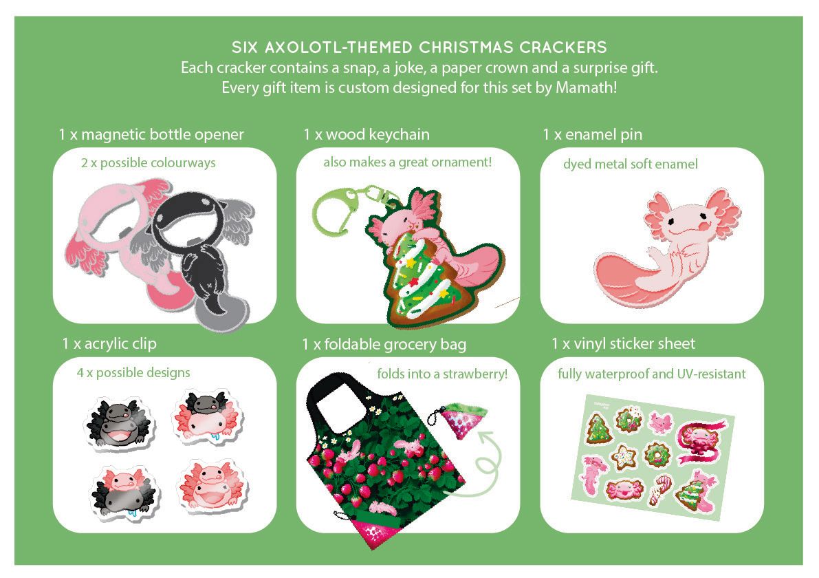 So...a crazy thing I've been working on this year - a big set of Christmas crackers!
The set includes 6 crackers complete with bang snaps, paper crowns, a dumb joke and of course fun gifts!
The gifts are all axolotl themed! You won't find anything like this elsewhere lol.