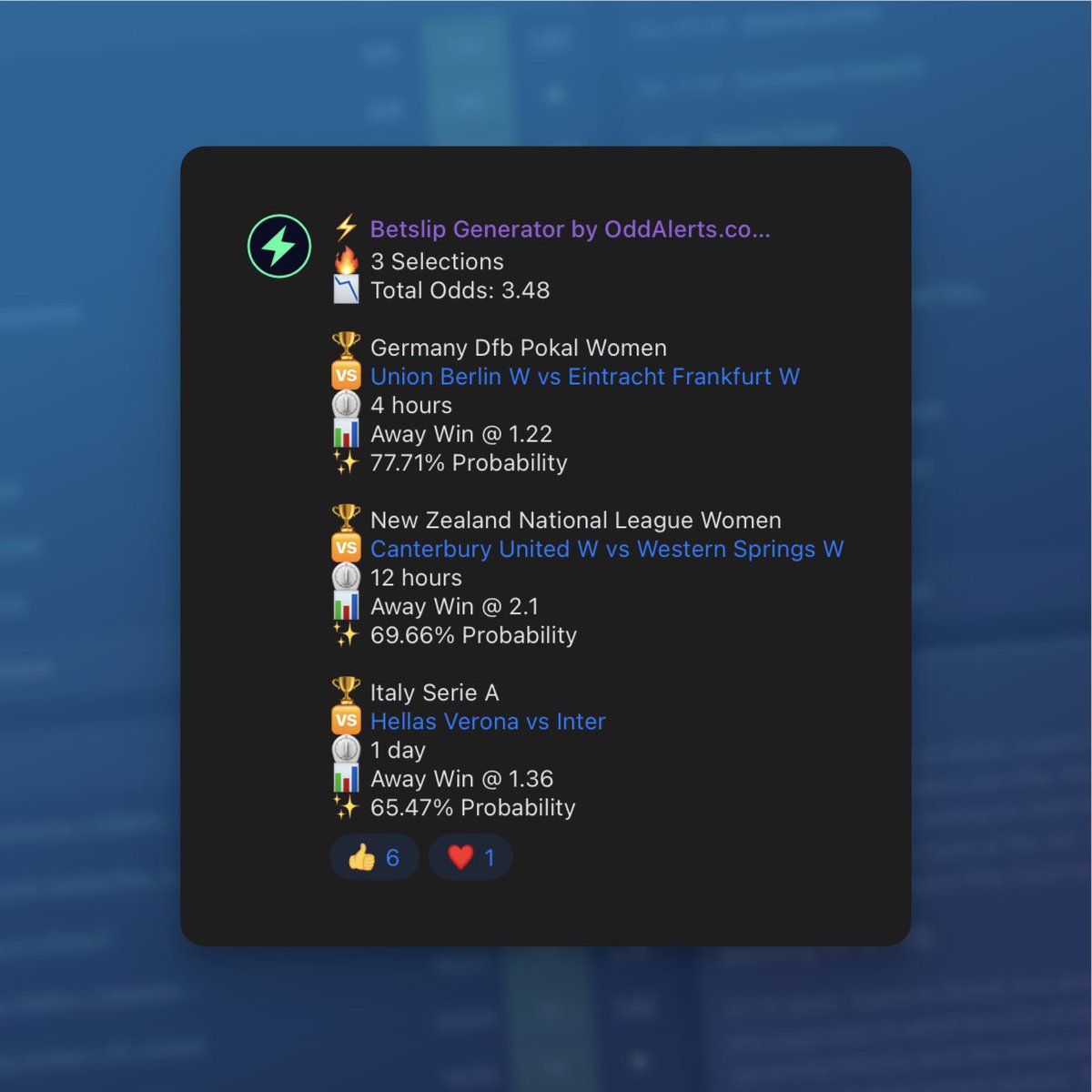 OddAlerts's tweet photo. Wonderful stuff from the 'BSG' 👏

✅ Eintracht Frankfurt 0-2 (2.10 Peak)
✅ Western Springs 0-3 @ 2.10
⏳ Inter Milan

This tool has it's own Telegram channel that posts slips like this a few times a day. Want me to DM you the link?

1) Repost
2) Bookmark
3) Follow @oddalerts https://t.co/YEfc6MfCgH