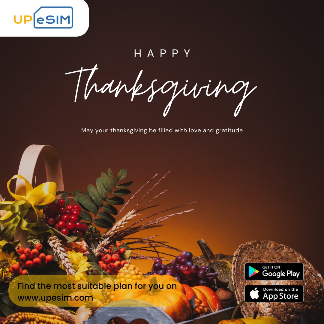 Celebrate Thanksgiving Day with UPeSIM! 🦃🍂 

As you gather around the table with family and friends, stay connected and share your moments of gratitude in real time. 

Happy Thanksgiving! 🍁✨ 

#ThanksgivingWithUPeSIM #StayConnected #Gratitude #TravelSmart #HolidayCheers