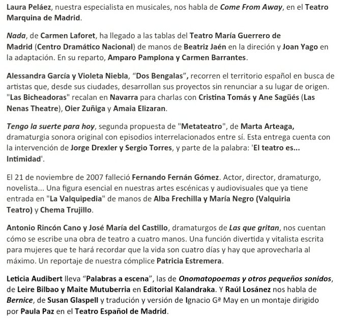 #LaSala 📻🎭

Cada semana en las emisiones de Radio Nacional, Radio 5 y Radio Exterior de España; siempre en formato pódcast en #RNE Audio.

Entrevistas, reportajes y piezas de compañeros y cómplices en rtve.es/lasala.

Aquí, contenidos del programa de esta medianoche 👇🏽