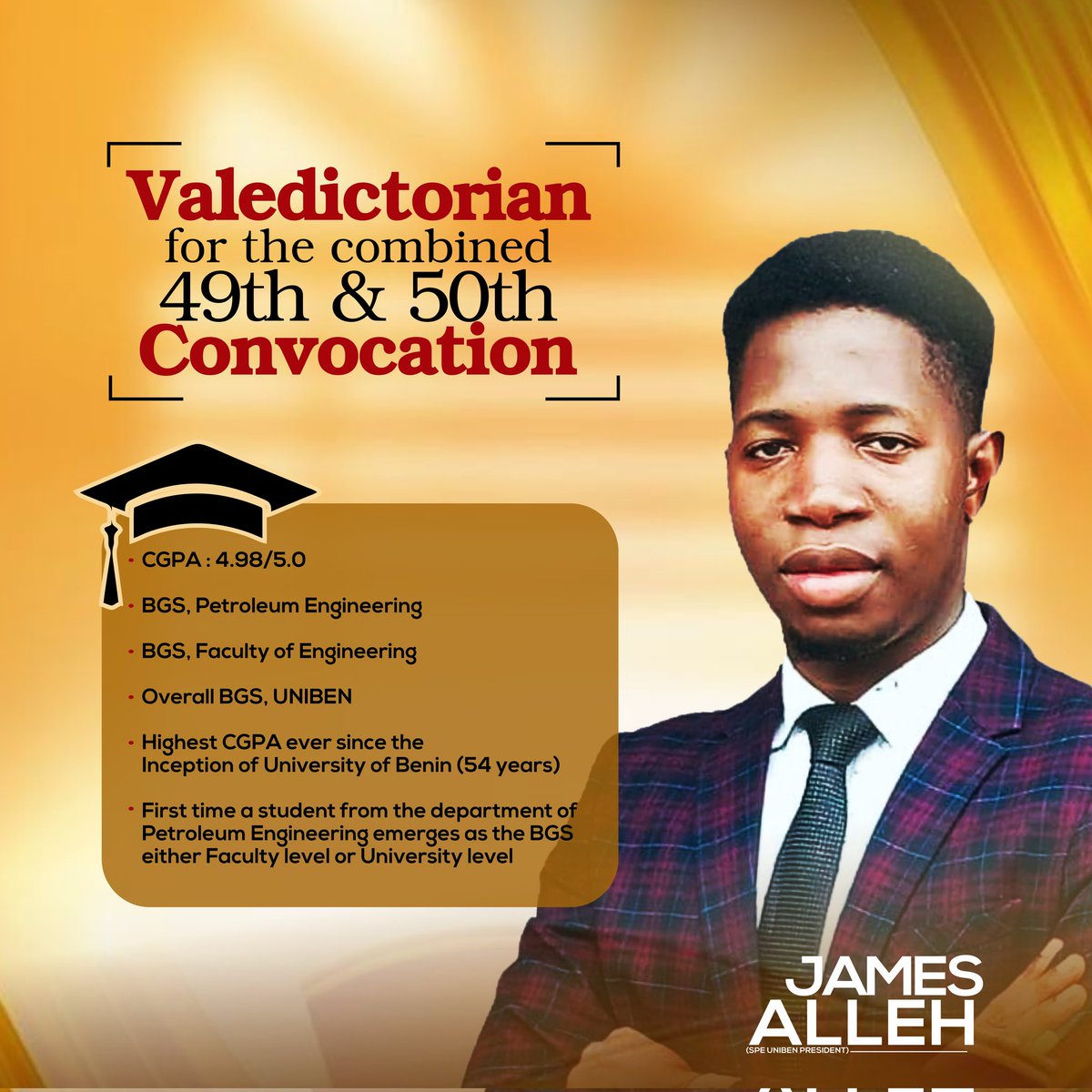 james_alleh's tweet photo. They said History has been made!!!
Yesterday, I walked up the podium as the Valedictorian and BGS at combined 49th/50th Convocation of UNIBEN with CGPA of 4.98. I’m incredibly grateful to God for the unwavering support of my mentors, friends, and family. 

Thank you @Allezamani https://t.co/MqETdzImNV