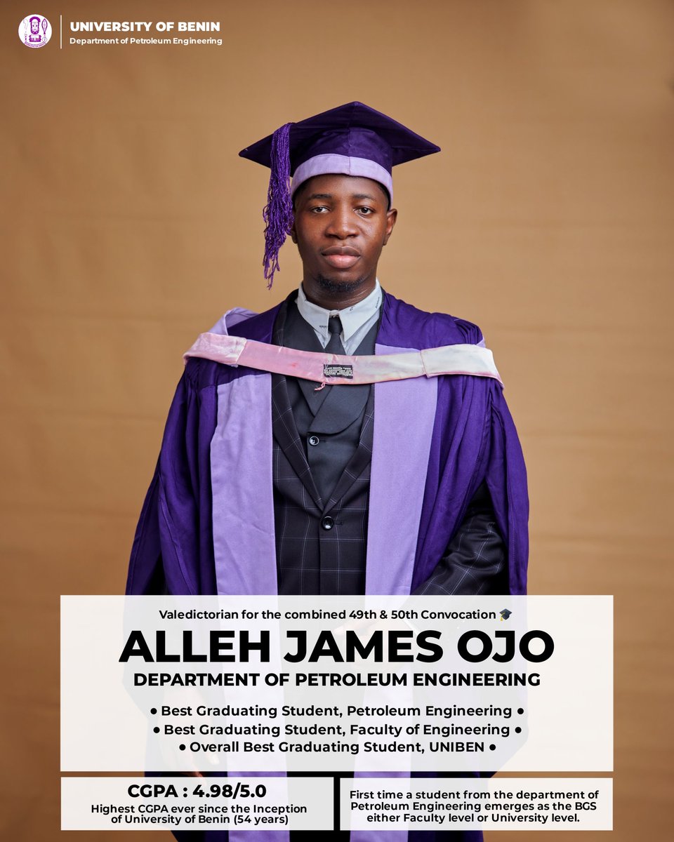james_alleh's tweet photo. They said History has been made!!!
Yesterday, I walked up the podium as the Valedictorian and BGS at combined 49th/50th Convocation of UNIBEN with CGPA of 4.98. I’m incredibly grateful to God for the unwavering support of my mentors, friends, and family. 

Thank you @Allezamani https://t.co/MqETdzImNV