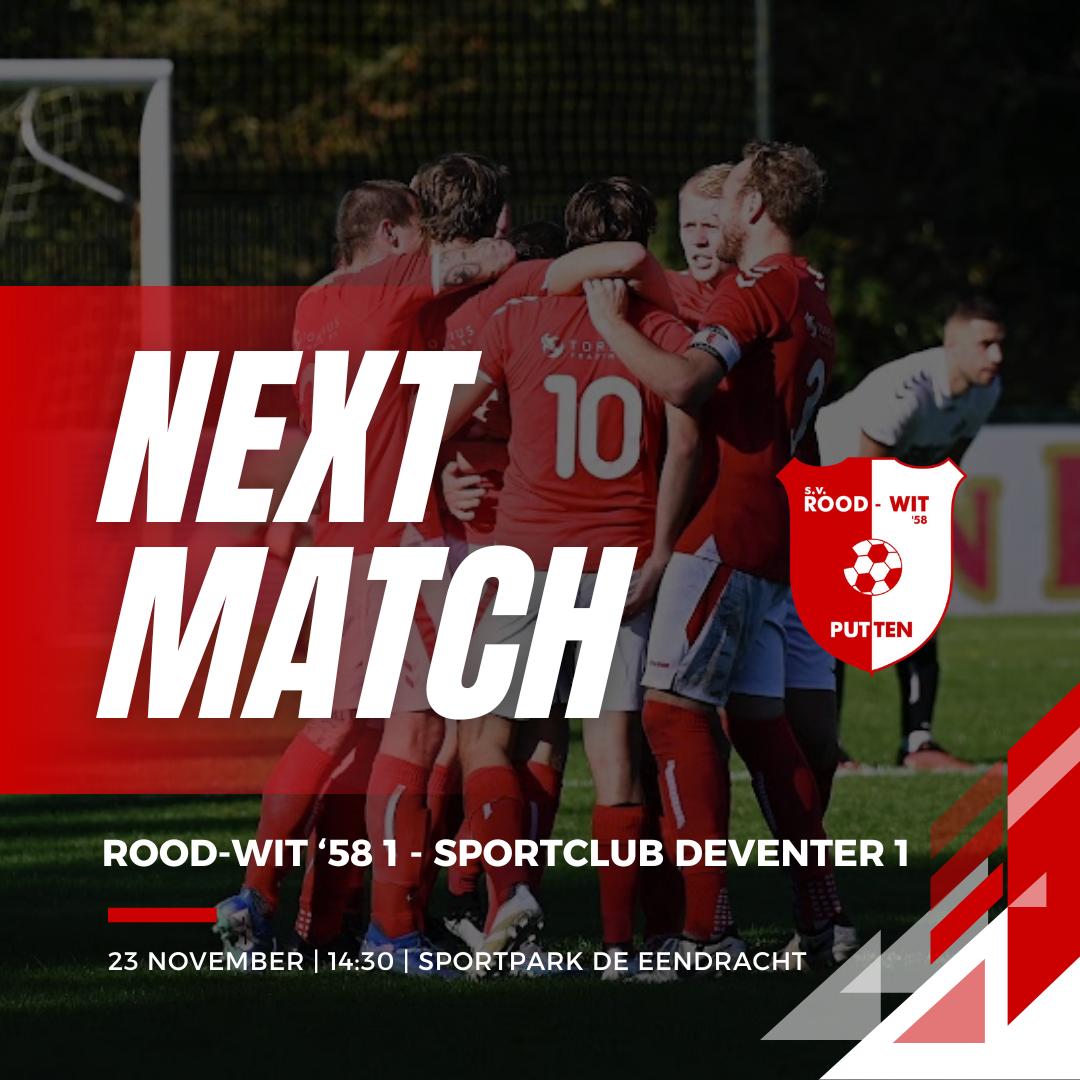 Matchday! 
Vanmiddag om 14:30 uur trappen we af op ons eigen sportpark de Eendracht tegen Sportclub Deventer 1. We willen ons graag revancheren na het resultaat van afgelopen zaterdag. Tot vanmiddag! 🔴⚪️💪🏻

#strijdenenwinnen