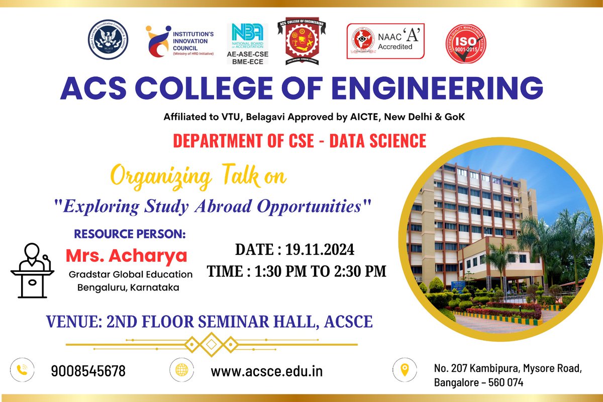 acscebangalore's tweet image. ✨ Explore Study Abroad Opportunities! 🌍
Join the #CSEDept at #ACSCE for a session on “Exploring Study Abroad Opportunities” by Mrs. Acharya (#GradstarGlobalEducation).
📅19 Nov 2024 | 🕚 11 AM
📍 CSE Seminar Hall
Gain insights to shape your future!
#StudyAbroad #GlobalEducation
