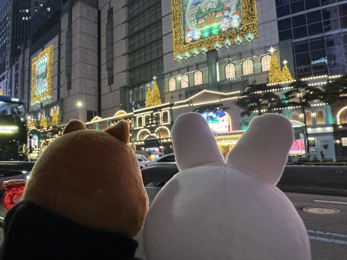 skz_misopudding's tweet photo. 私のiPhoneちゃんが去年の今日の写真を表示してきたら明洞のロッテ百貨店前のイルミ見てた写真だった(🐰🐿️)
LALALALAのPOPUPからもう1年経つのね…

そしたら親友が一年後の今日、偶然同じ明洞の同じ場所に居るらしくてﾜﾛﾀ
先週はスキズ東京3日間一緒だったけど、今日から🇰🇷とは…元気やな… https://t.co/Le4iIyu7sp