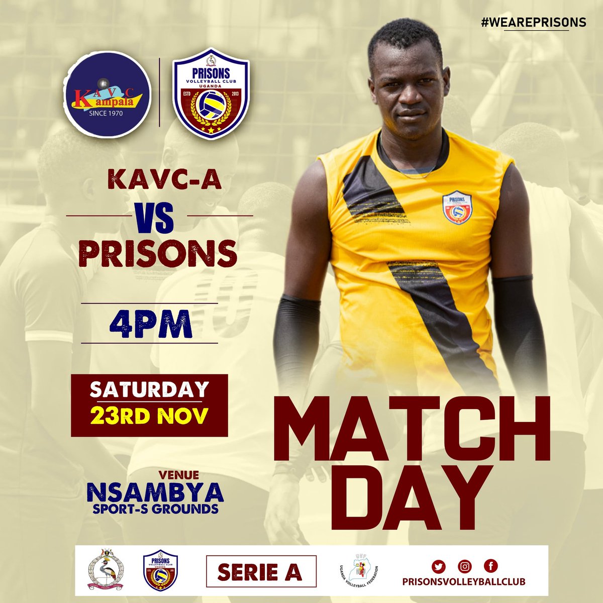 ugprivolleyball's tweet photo. #MatchdayAlert
Today’s the day, and we need your unwavering support. Join us at Nsambya Sport-S Arena at 4:00 PM as we face off against KAVC in a thrilling Serie A showdown.
Come loud, turn the arena into our fortress.
Together, we rise 💪
#WeArePrisons
#Matchday
@jbyabs https://t.co/bUVu9bOho8