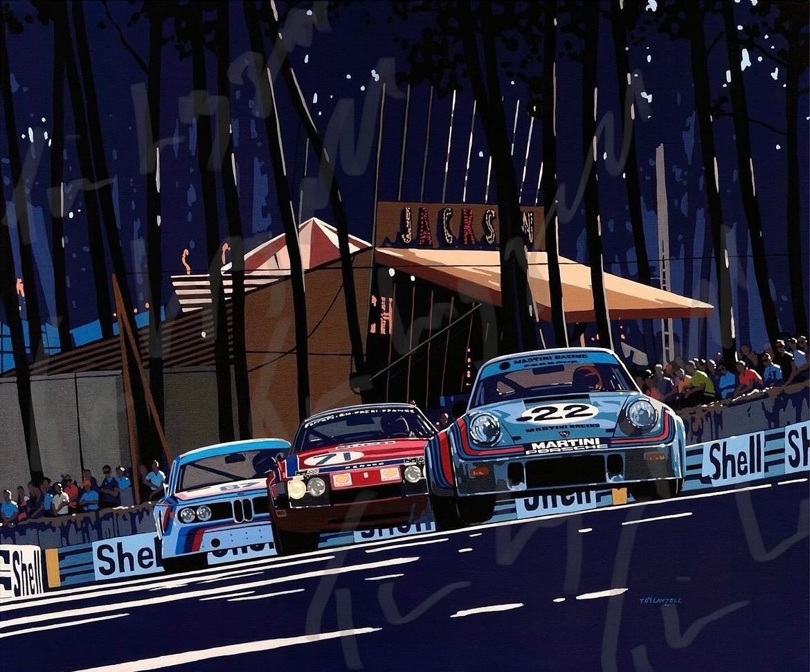 ‘Big Night Out’ 
Le Mans 1974 - Porsche RSR of Herbert Muller &amp; Gijs Van Lennep leads the Ferrari Daytona of Cyril Grandet &amp; Dominique Bardini (which finished 5th overall and won the GT Class) and the BMW 3.0 CSL of Aubriet &amp; “Depnic”.

timlayzell.com/print_big_nigh…