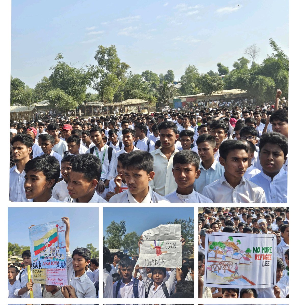 #Breaking 🇲🇲🚨: #Rohingya youth in refugee camps staged a protest against the ongoing #RohingyaGenocide. They called for justice, demanded international intervention to halt the Arakan Army's atrocities in Myanmar, and voiced their unwavering demand for rights and protection.