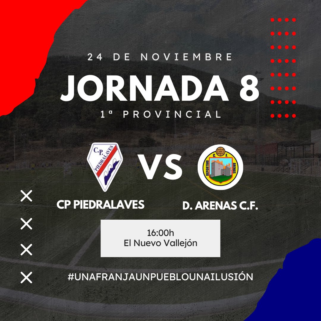 ⚽️ PRIMERA PROVINCIAL - JORNADA 8

🏠 Este domingo recibimos la visita de un duro rival como es el D. Arenas CF.

🕓 Partido programado para este domingo día 24 de octubre a las 16:00h.

🏟 El Nuevo Vallejón.

¡SOMOS EQUIPO! ⚪️♥️⚪️
#unafranjaunpueblounailusion