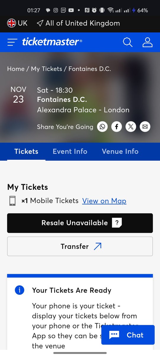 hurricanetna's tweet photo. selling a Fontaines DC standing ticket for today Saturday 23rd November at Alexandra Palace. I'd resale but ticketmaster says I can't rn. I can only transfer via ticketmaster. £50. WhatsApp 07827511148 if you're interested https://t.co/wnaES612X4