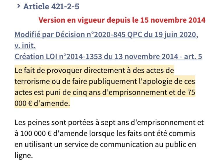 WeillClaude's tweet image. J’avoue, j’y croyais pas.
J’ai vérifié sur le site de l’AN.
C’est vrai :
Le groupe LFI a déposé une proposition de loi visant à abroger l’art 421-2-5 du Code Pénal réprimant la provocation à des actes de terrorisme et l’apologie publique de ces actes.
Voilà…