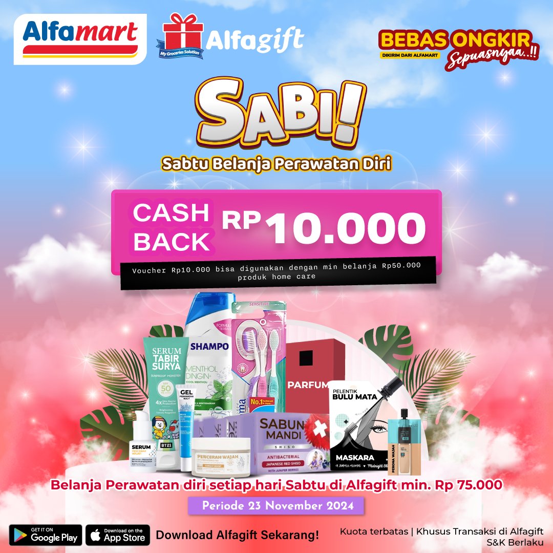 alfamart's tweet photo. β¨ Promo Paling SABI setiap hari SAbtu π
Belanja produk Personal Care atau Home Care di Alfagift bisa dapat Bonus Cashback Rp10.000 lho.
*S&K berlaku
Yuk buruan langsung buka aplikasi Alfagiftnya dan nikmati promonya!!
#Alfamart #Alfagift #PromoSABI https://t.co/fxiSRGNGLZ