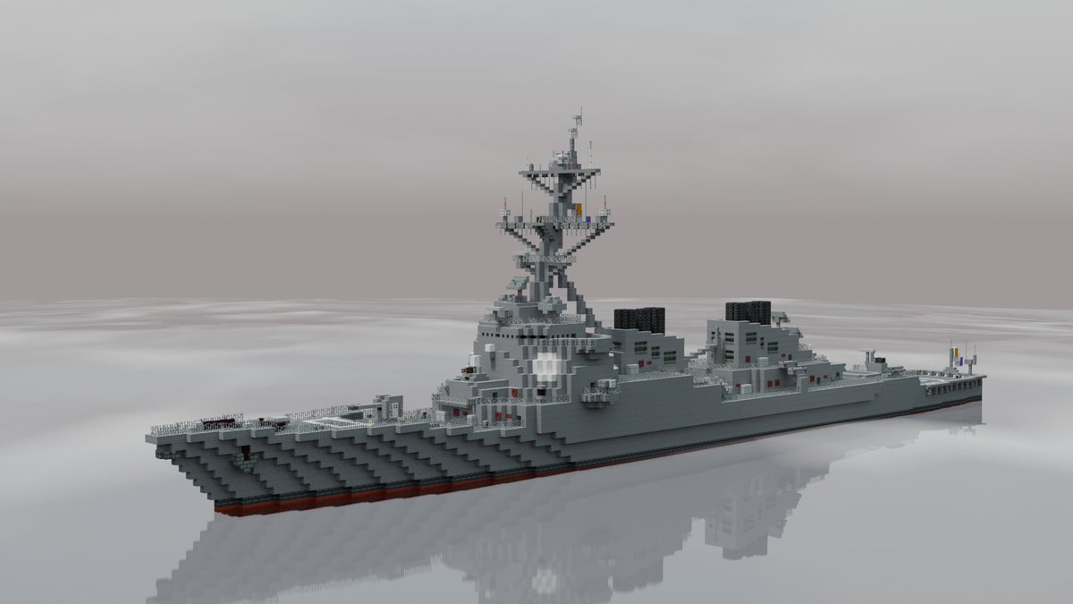 Pining_Pine's tweet photo. マコナ級ミサイル駆逐艦
[武装]
127mm単装速射砲×1
VLS×64セル
CIWS×2
対艦ミサイルランチャー×4
三連魚雷発射管×2

お 前　リ　メ　イ　ク　何　回　目　だ　よ
毎度おなじみの駆逐艦。イージスシステムが高いため十数隻しか建造されていないという設定を持つ。
#マイクラ軍事部
#minecraft建築コミュ https://t.co/FSKs8tvkXU