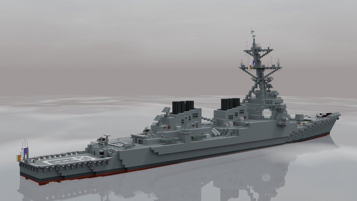 Pining_Pine's tweet photo. マコナ級ミサイル駆逐艦
[武装]
127mm単装速射砲×1
VLS×64セル
CIWS×2
対艦ミサイルランチャー×4
三連魚雷発射管×2

お 前　リ　メ　イ　ク　何　回　目　だ　よ
毎度おなじみの駆逐艦。イージスシステムが高いため十数隻しか建造されていないという設定を持つ。
#マイクラ軍事部
#minecraft建築コミュ https://t.co/FSKs8tvkXU