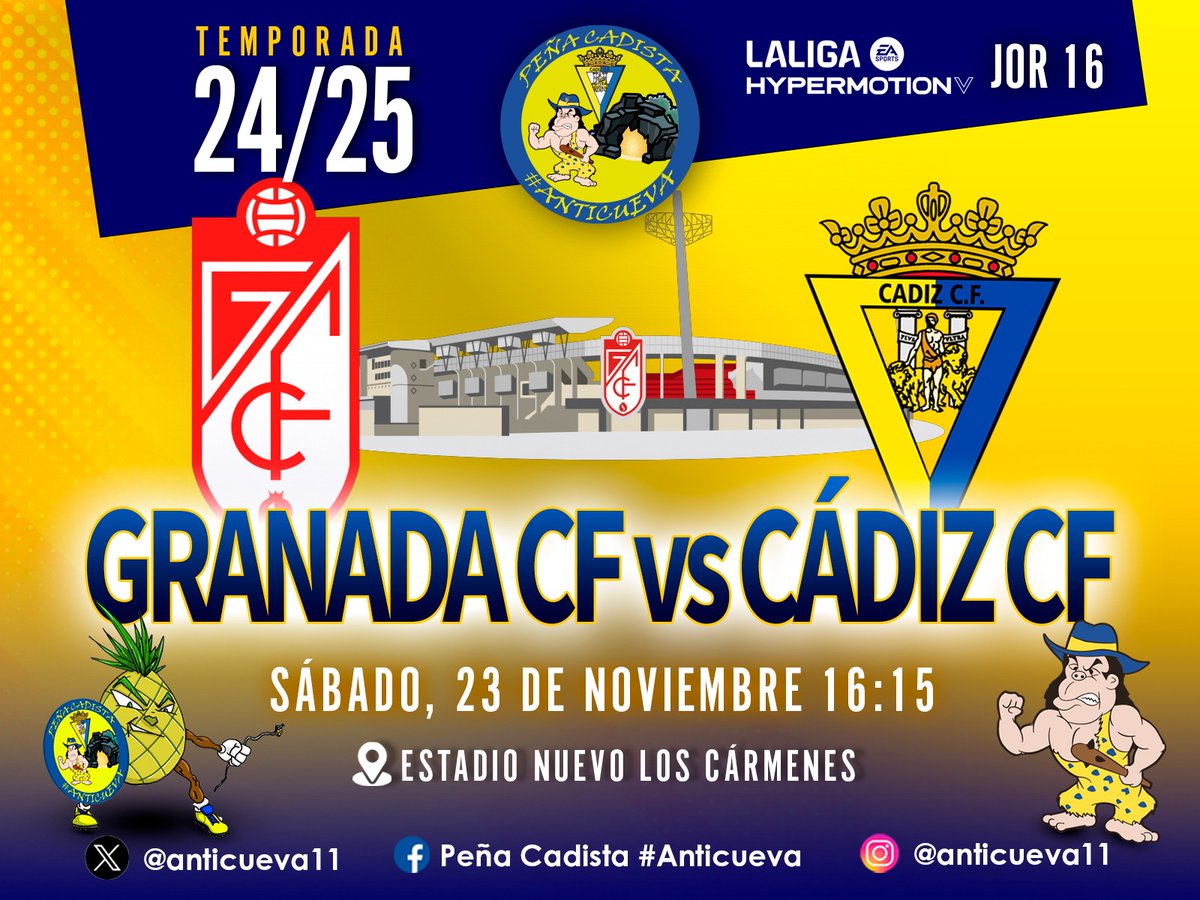 anticueva11's tweet photo. ⚽¡HOY JUEGA EL CÁDIZ!⚽
Visitaremos el Nuevo Los Cármenes para disputar un derbi andaluz que ya se ha vuelto habitual señalarlo en el calendario. Tendremos presencia #Anticueva en busca de la victoria.
💛¡VAMOS!💙
#GranadaCadiz
#LosHombresDePaco
#SiemprePositivo https://t.co/RUfNDQrJHC
