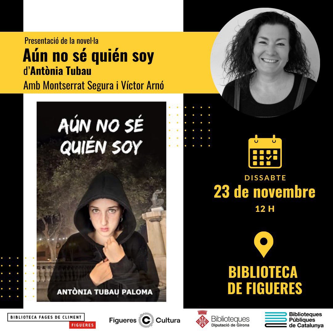 AGENDA. Antònia Tubau presenta “Aún no sé quién soy” a la Biblioteca de Figueres. Avui dissabte a les 12:00.

<a href="/atubau72/">Antònia Tubau</a> <a href="/BiblioFigueres/">Biblioteca de Figueres</a> <a href="/montsesegura/">Montserrat Segura i Feliu</a> <a href="/ArnoEscritor/">Victor Arnó (Escritor/Writer)</a>