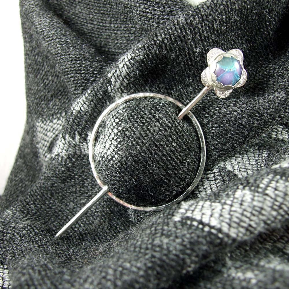 Silver Flower Shawl Pin with Turquoise &amp; Lilac Marbled Clay Topped Pin thebritishcrafthouse.co.uk/product/silver… #CGArtisans
