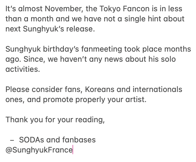 SunghyukFrance's tweet photo. 🚨〈PLEASE READ AND SHARE〉

Hello @thinkabout_ent, this is Sunghyuk’s French Fanbase and SODAs.

We ask you to be clear about Seo Sunghyuk’s schedule.

⇱ #성혁 #SungHyuk #SEOSUNGHYUK https://t.co/zG8EeMgxWX