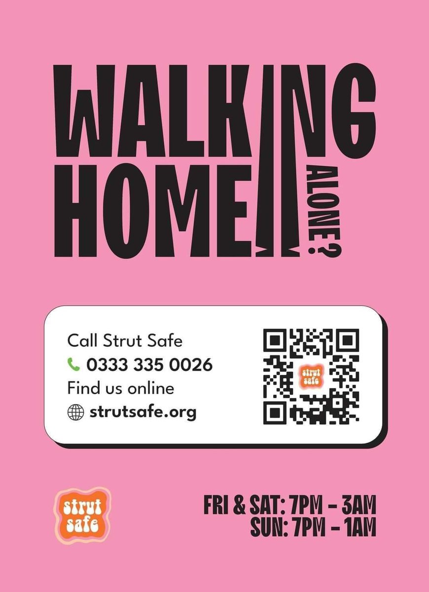 pixee_pea's tweet image. Do you walk home alone? 🚶🏻‍♀️ Strut Safe is a nationwide phone line run by friendly volunteers. They will keep you company &amp;amp; help you feel safe until you are through your front door 🫶🏼 💓 📞 0333 335 0026 🌐 strutsafe.org

▪️Fri &amp;amp; Sat 7pm to 3am &amp;amp; Sun 7pm to 1am