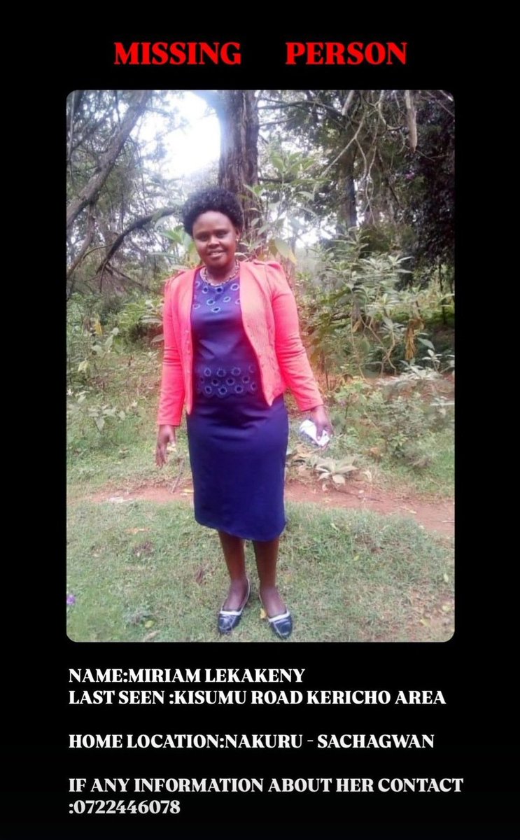 <a href="/faizahnaserian/">Faizah Naserian⚡🐦‍🔥</a> 's Mum, Ms Kekakeny has been missing for FIVE days now 

She was last seen boarding a vehicle to Chepseon. Their home is at Sachangwan 

Her phone was last traced to Kisii. They don't have family or Biznes there 

Please Retweet 🙏

<a href="/DCI_Kenya/">DCI KENYA</a> , help this Family!