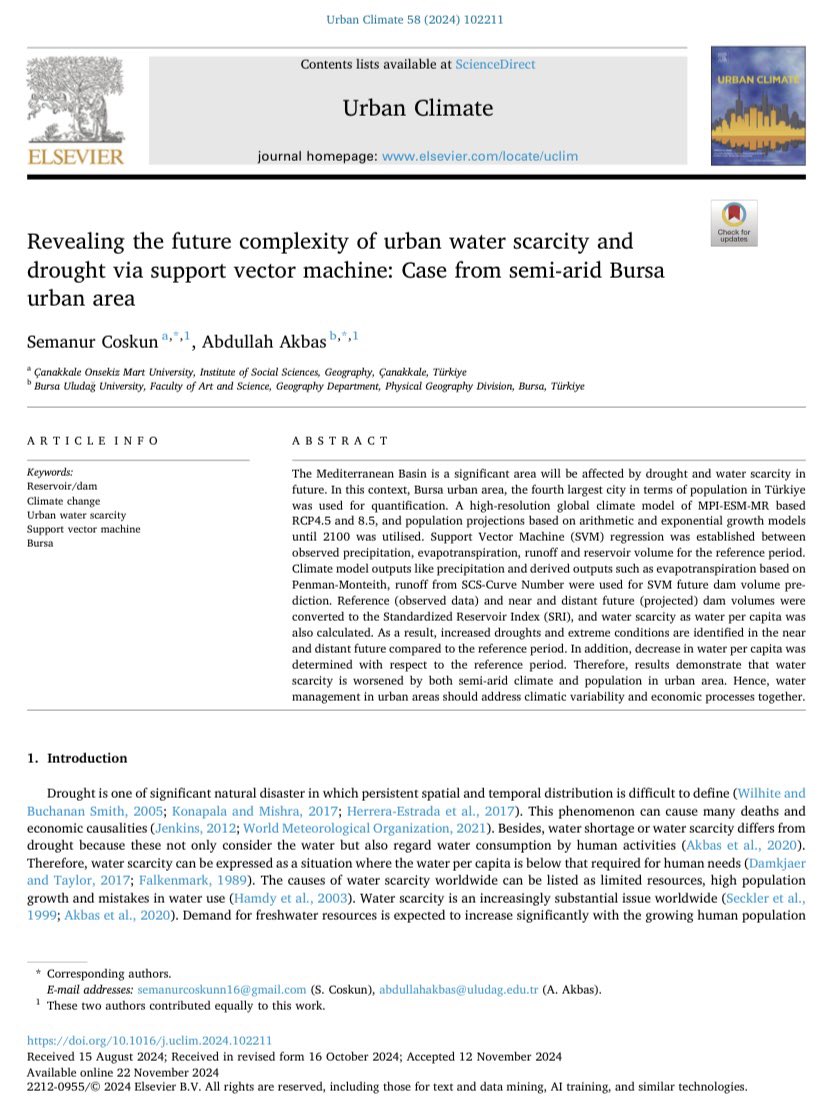 SemanurCosknn's tweet image. Our paper was published in the journal Urban Climate. In this study, we analyzed the future challenges of water scarcity and drought risks in the semi-arid city of Bursa with machine learning methods.
 
Read more: sciencedirect.com/science/articl…