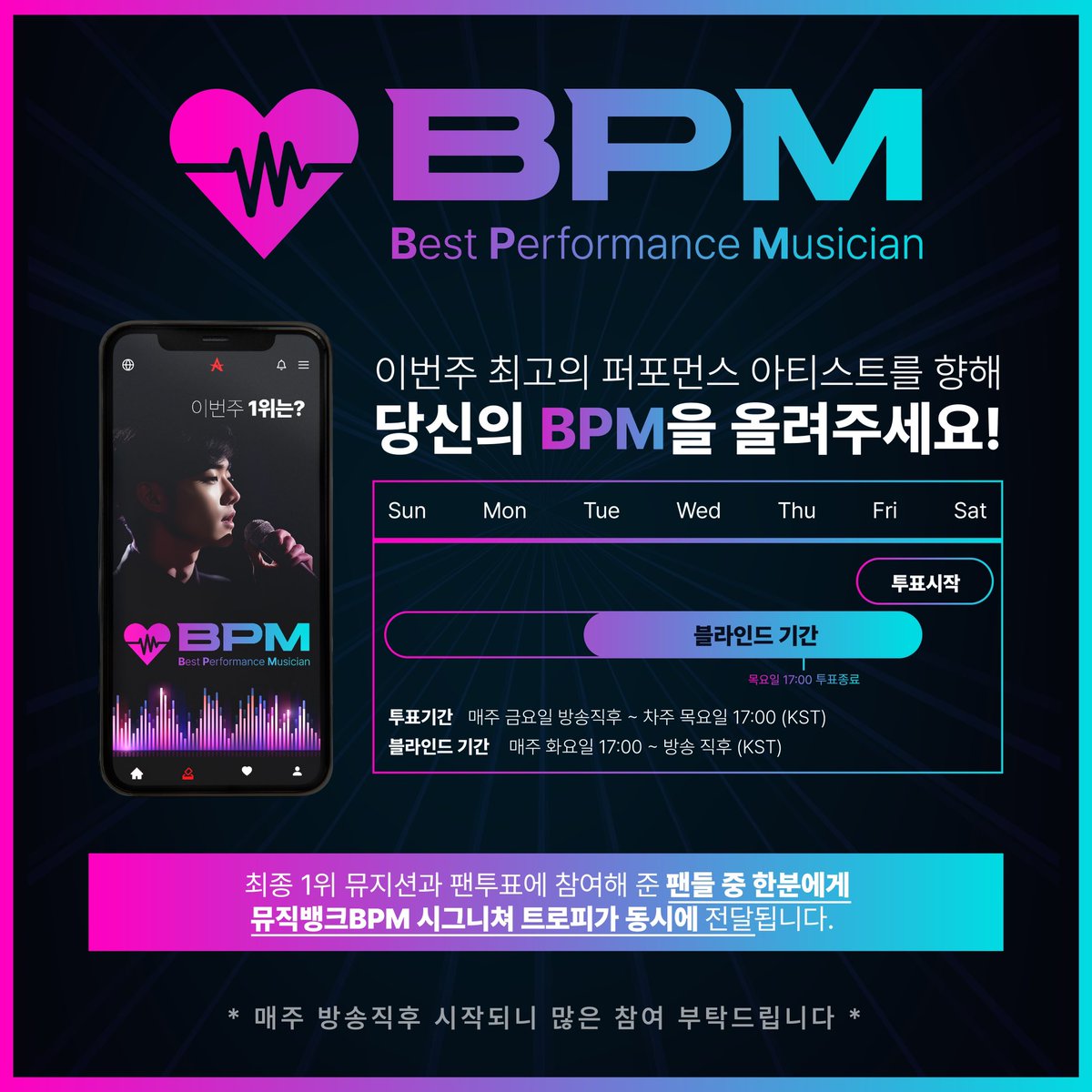 ACE_voting's tweet photo. [Allchart]

What is BPM? (Best Performance Musician) based 100% on fan vote, it's a separate vote from the MusicBank win, where the winner will receive a Physical Trophy 🏆 only those who performed are nominated.
It opens after the broadcast every Friday-next week Thursday 
(1/2) https://t.co/hLxUv1n9fR