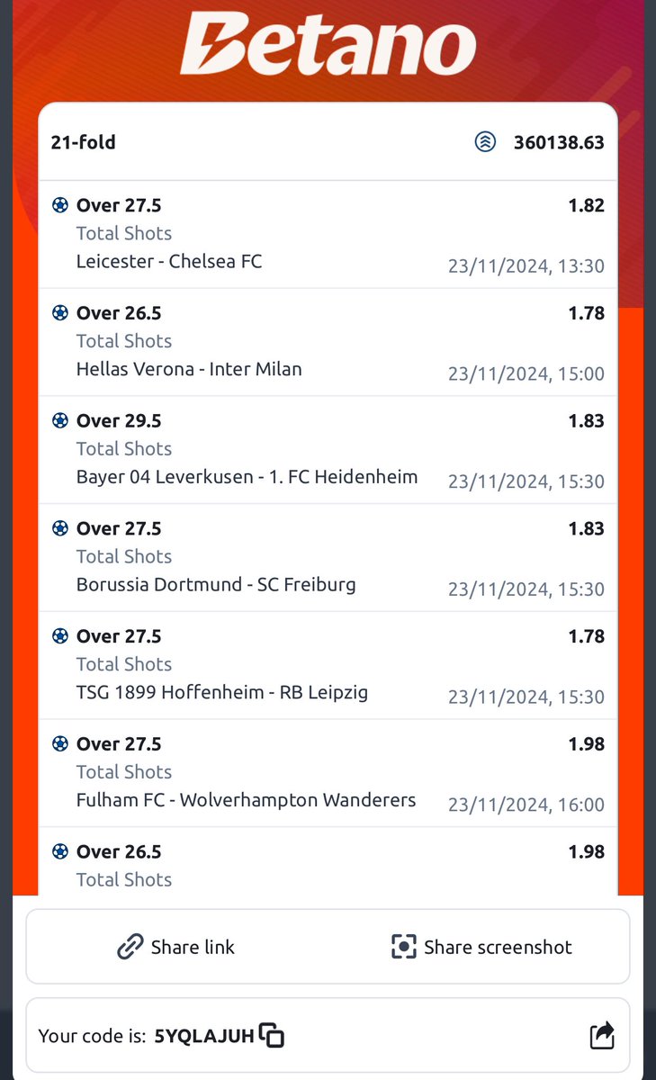 HolaSteve4's tweet photo. #Betano 23rd - 24th

#100 to win #290M
YBPYGQK7 🫴2,404,293 odds

🫴360,138 odds
🫴9,907 odds
🫴2,538 odds

#Total Shot
#Team Total Shot

#NB: 2games &amp; 2 edit

@historyinmemes @BerryYNWA1 @bossolamilekan1 @sportingking365 @BettKMax @Mrbankstips @mrbayoa1 @ConvertsB @LouieDi13 https://t.co/f1wV8dHXH9