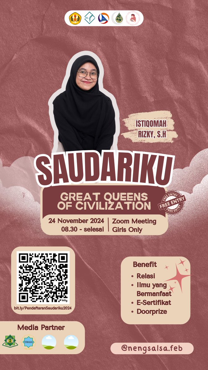 [SAUDARIKU: GREAT QUEENS OF CIVILIZATION]
Halo, Kema Unpad! Yuk, bergabung di acara SAUDARIKU yang akan diadakan pada:
🗓️ Ahad, 24 November 2024
📍 Zoom Meeting
⏰ 08.30 - selesai
💸 FREE (Khusus perempuan)

Yuk, daftarkan dirimu di: bit.ly/PendaftaranSau…
Follow <a href="/nengsalsa/">kalisha salsabila</a>.feb!