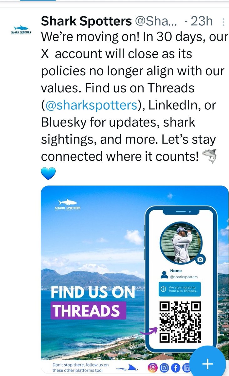 .@SharkSpotters spot sharks &amp; operate an exclusion net.
At the bottom of Africa.
What values are they so concerned about to not send updates on <a href="/X/">X</a> ? 🤯🤡 free speech?

Rate &amp; tax payers pay alot of their salaries!
Threads? You joking? just more meta control of content 
<a href="/elonmusk/">Elon Musk</a>