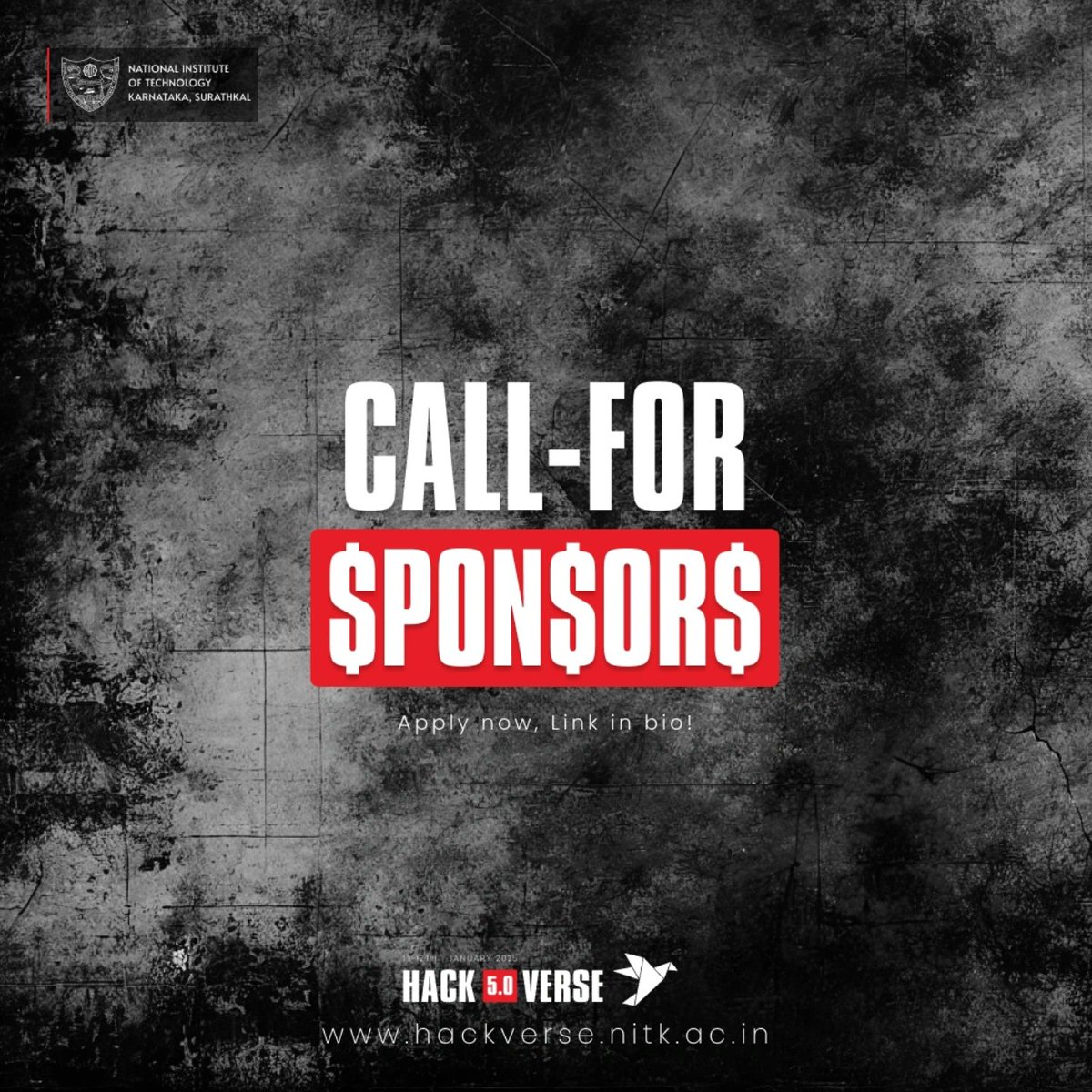 hackversenitk's tweet image. Be part of HackVerse 5.0, NITK’s flagship tech hackathon on Jan 11-12, 2025!
 👉 Apply Here : linktr.ee/hackversenitk

Let’s shape the future of innovation together! 🌐💻

#HackVerse5 #Hackathon2025 #NITKSurathkal #InnovationLeaders #HackVerseCalling