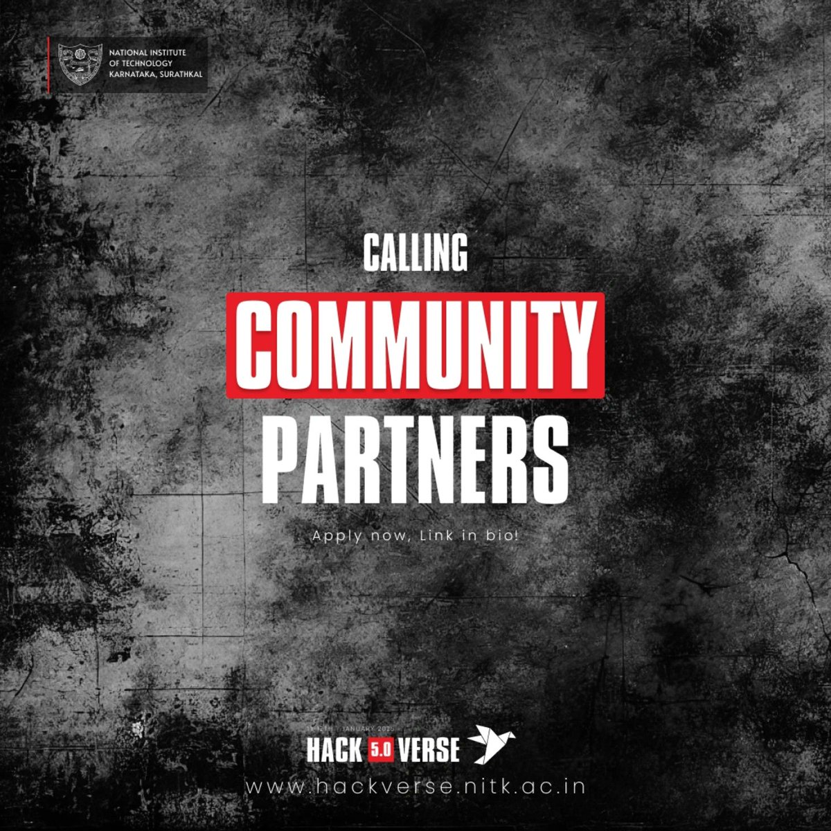 hackversenitk's tweet image. Be part of HackVerse 5.0, NITK’s flagship tech hackathon on Jan 11-12, 2025!
 👉 Apply Here : linktr.ee/hackversenitk

Let’s shape the future of innovation together! 🌐💻

#HackVerse5 #Hackathon2025 #NITKSurathkal #InnovationLeaders #HackVerseCalling