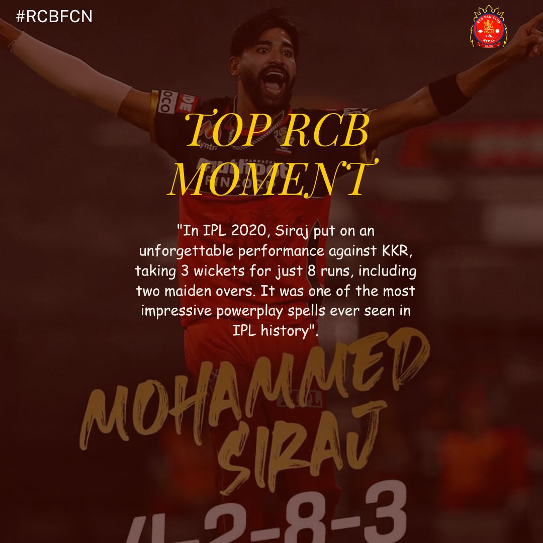 rcbnepal's tweet image. A Powerplay to Remember; "Siraj’s brilliant 3/8 with two maidens vs KKR 🙌💥 🙌🔥💥  @mdsirajofficial
#RCB #Siraj #IPL2020 #PlayBold #RCBFCN #RCBNepal