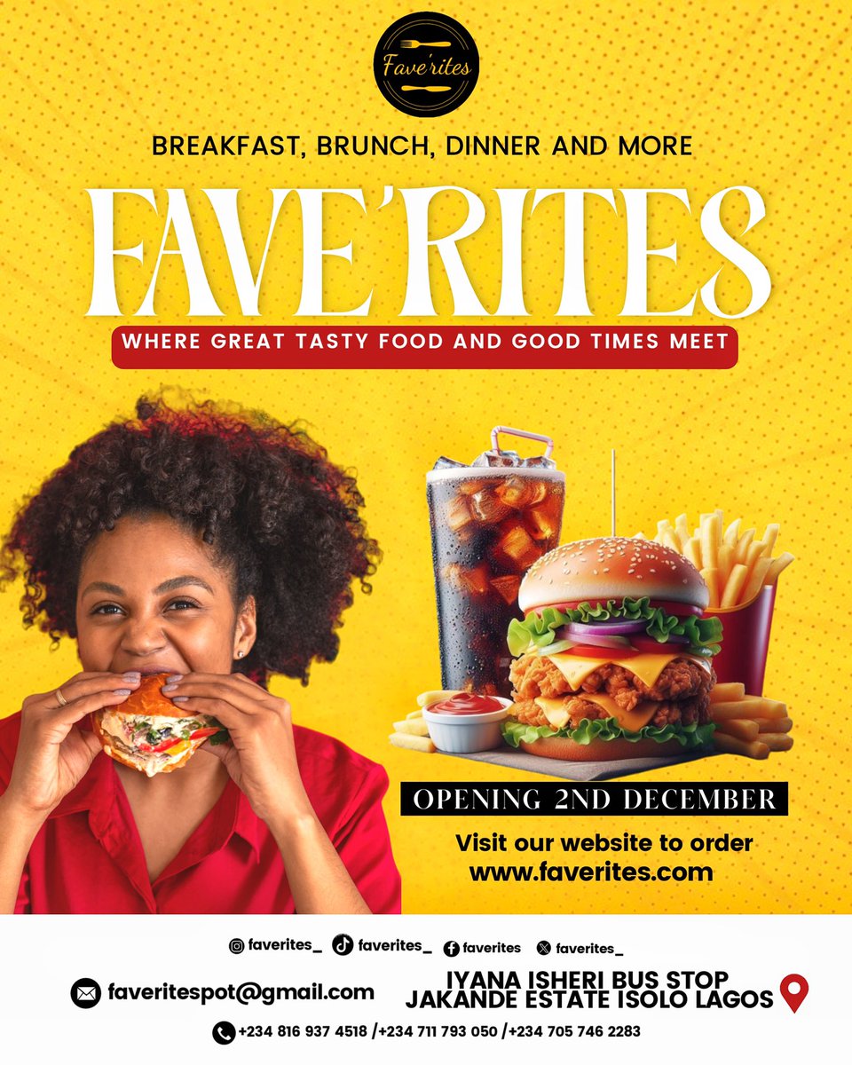 Faverite12's tweet photo. Taste the joy of great food and even better company! Fave’rites is where your cravings meet their match.
We’re opening this December 2nd at Iyana Isheri, Isolo Lagos, and we can’t wait to serve you. Tag someone you’ll be visiting with! 👇
#FaveRites #ComingSoon https://t.co/EV9SvSv8qg