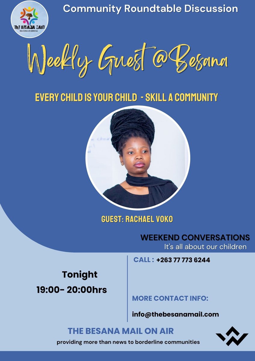 BesanaMail's tweet photo. Today we host @Rachealvoko2 

Racheal Voko Ncube is a multi-award award winning community artivist who speaks to social injustices and inequalities affecting the society. 

Join us tonight : https://t.co/iZNo65HDaz https://t.co/oNCitmhN9M
