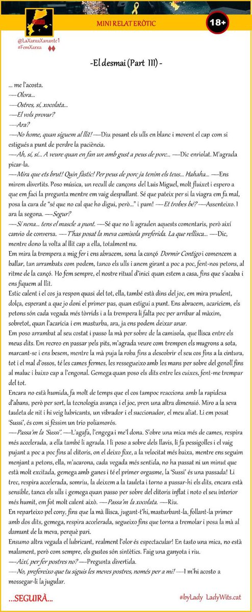 Bon dia xarxers 

Increïble com la <a href="/LADY_WITS/">Lady Wits 🌹📚 Llibres, Relats, Poemes i Silencis.</a> ens torna a sorprendre en aquest relat!😅

EL DESMAI (Part III) 

Link: ladywitsadults.blogspot.com/2024/11/relat-…

#MiniRelatEròtic #LadyRelat #byLady #FemXarxa #Konektadezagun #FemXarxaPV #YesScotland #RelatsEròtics #CatalàEròtic