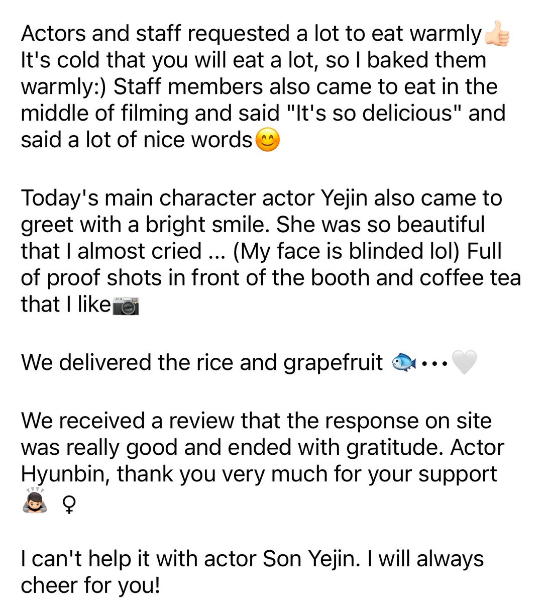 serineblack's tweet image. Hyun Bin is really the one who sent his wife Son Yejin the elaborate food truck, the first filming support since their marriage 🤍 It seems he incorporated their son into it by calling the cast and crew “aunts and uncles” 👶🏻

She’s so touched, she stuttered her thanks 🥹 SO CUTE!