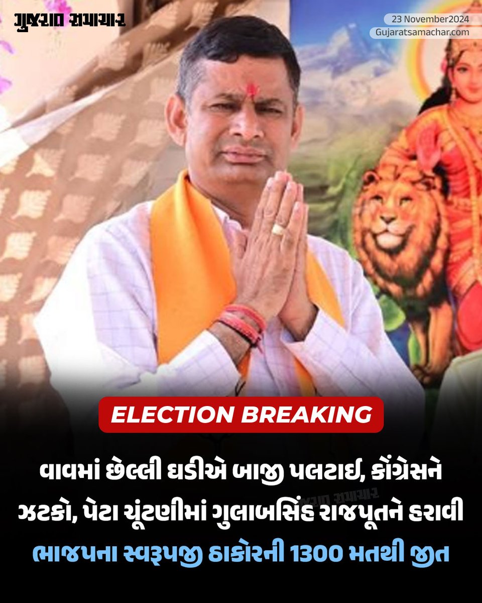 gujratsamachar's tweet photo. Banaskantha Vav: વાવમાં છેલ્લી ઘડીએ બાજી પલટાઈ, કોંગ્રેસને ઝટકો, પેટા ચૂંટણીમાં ગુલાબસિંહ રાજપૂતને હરાવી ભાજપના સ્વરૂપજી ઠાકોરની 1300 મતથી જીત

#Gujarat #Banaskantha #ByElection #GulanSinhRajput #Swarupjithakor #MavjiPatel #Election #BanaskanthaElection #Gscard #Gujaratsamachar https://t.co/ts1zywPO8n