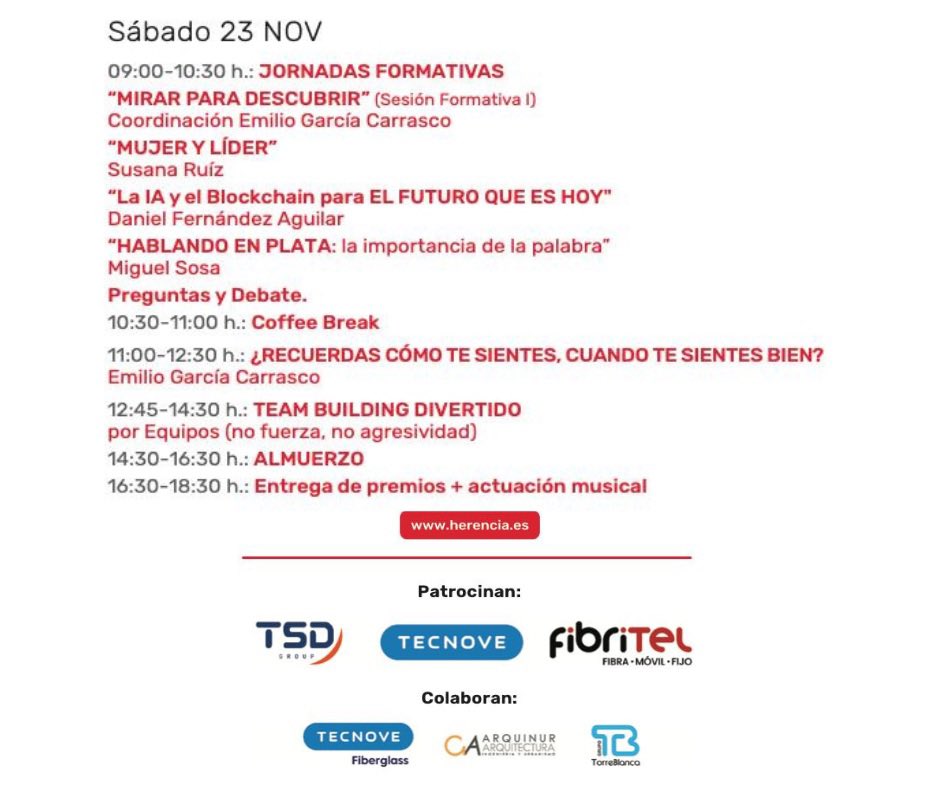 AytoHerencia's tweet image. 📋 Agenda de las Jornadas Empresariales
🌟 Con los mejores expertos:
🎙️ Emilio G. Carrasco | 👩‍💼 Susana Ruíz | 🤖 Daniel F. Aguilar | 🗣️ Miguel Sosa
💡 Liderazgo, IA, innovación y más.
Hoy en Herencia. ¡No te lo pierdas!
#Liderazgo #IA #Herencia2024