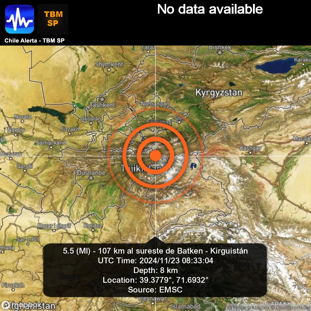 ChileAlertaApp's tweet photo. New #Earthquake. 🌎
5.5 (Ml) - 107 km al sureste de Batken - Kirguistán.
2024/11/23 08:33:04 UTC.
App: https://t.co/RblVNxZYn8
🔁 Comparte, comenta y síguenos 👍
#Batken #Kirguistán #earthquake #sismo #temblor #terremoto https://t.co/D5Bfr4MyBw