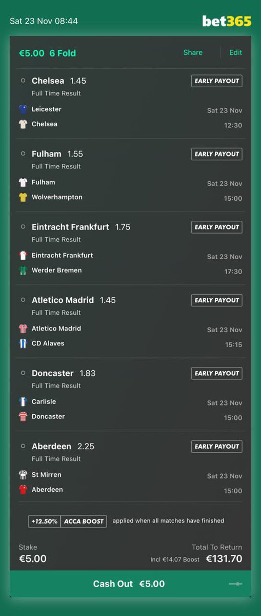 RealOddsMaster's tweet photo. 6-FOLD WIN ACCA from the TG🚨
@ 23.52 Odds
#Telegram #Betting #Tipster #Acca #6Fold #Tips #Bet365 https://t.co/qRVXmHIOvK